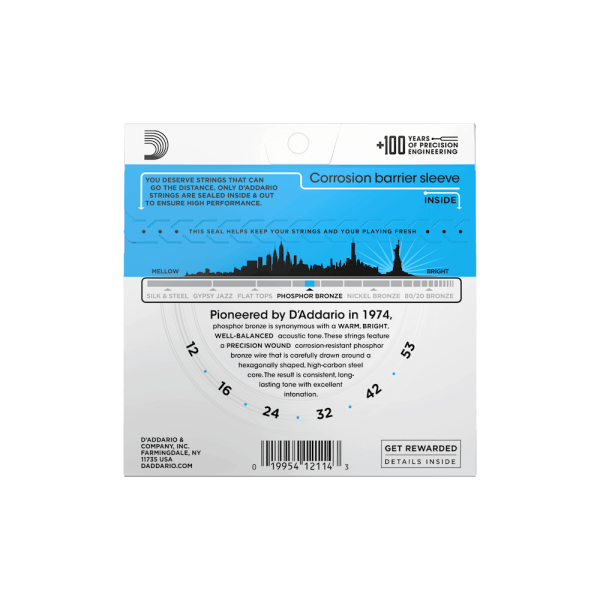 D'ADDARIO EJ 12-53 PHOSPHOR BRONZE LIGHT ACOUSTIC GUITAR STRINGS