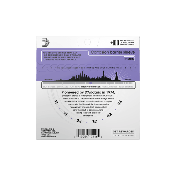 D'ADDARIO EJ 11-52 PHOSPHOR BRONZE CUSTOM LIGHT ACOUSTIC GUITAR STRINGS